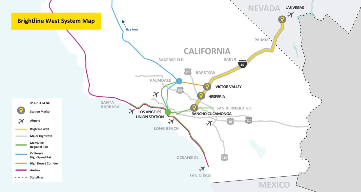 A Brightline West system map showing the train from Vegas to Rancho Cucamonga and connections to other trains