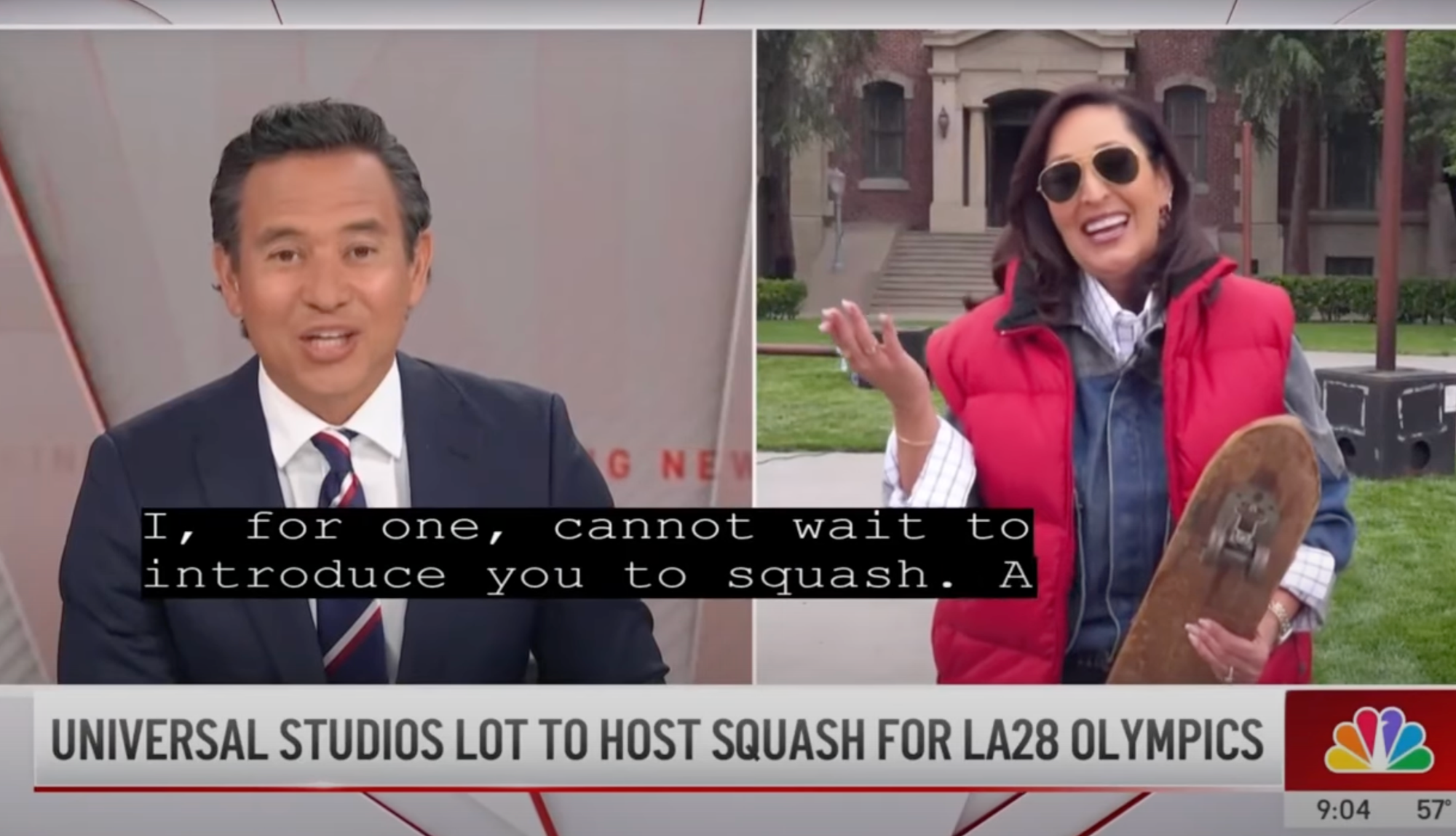 An NBCLA screengrab showing the news anchor and a reporter dressed like Marty McFly, vest and skateboard, standing in front of Courthouse Square in Universal Studios, with the caption "I, for one, cannot wait to introduce you to squash"