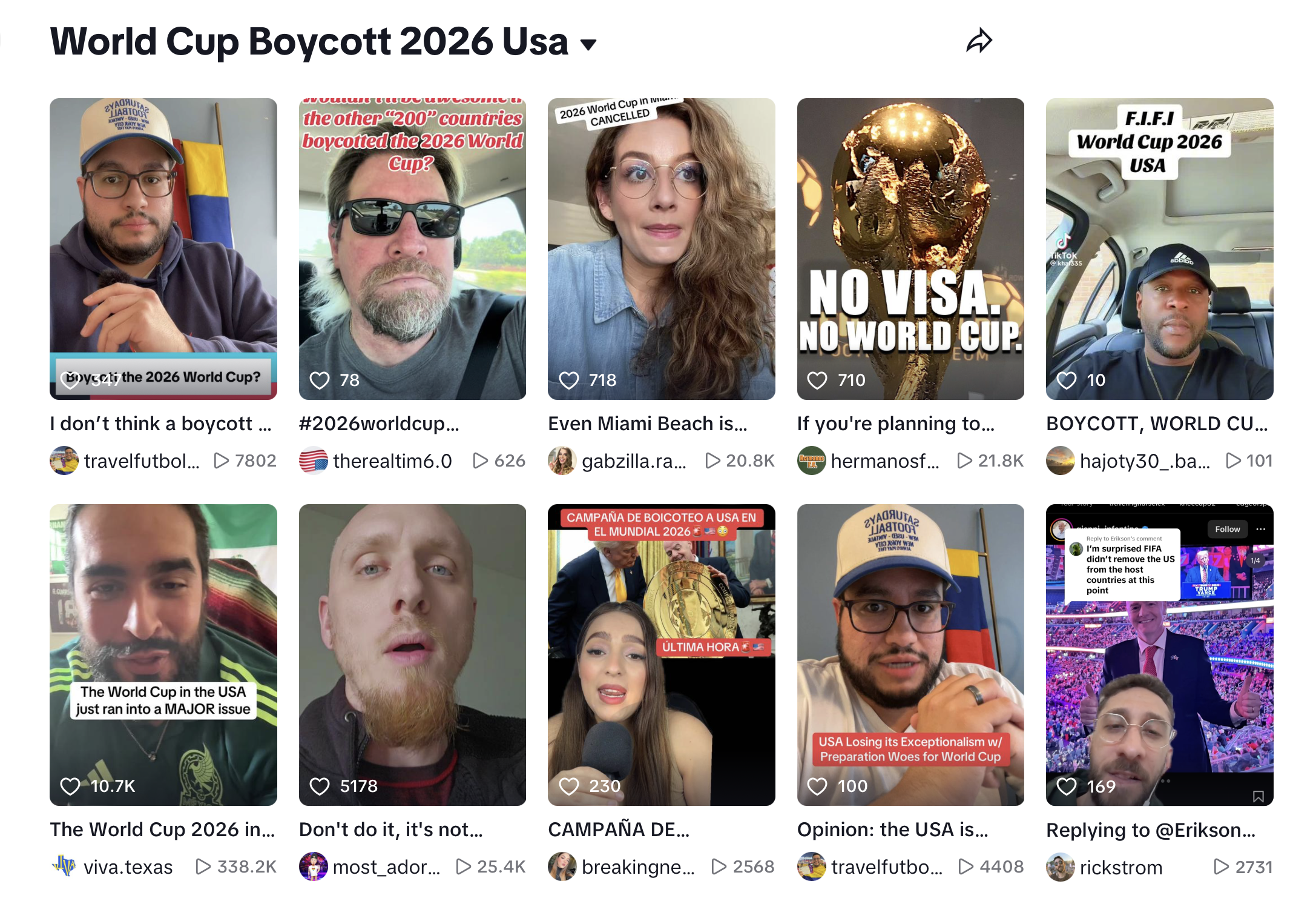 Screens of TikTok videos are shown under the World Cup Boycott 2025 USA heading with influencers urging people to boycott the U.S. World Cup games