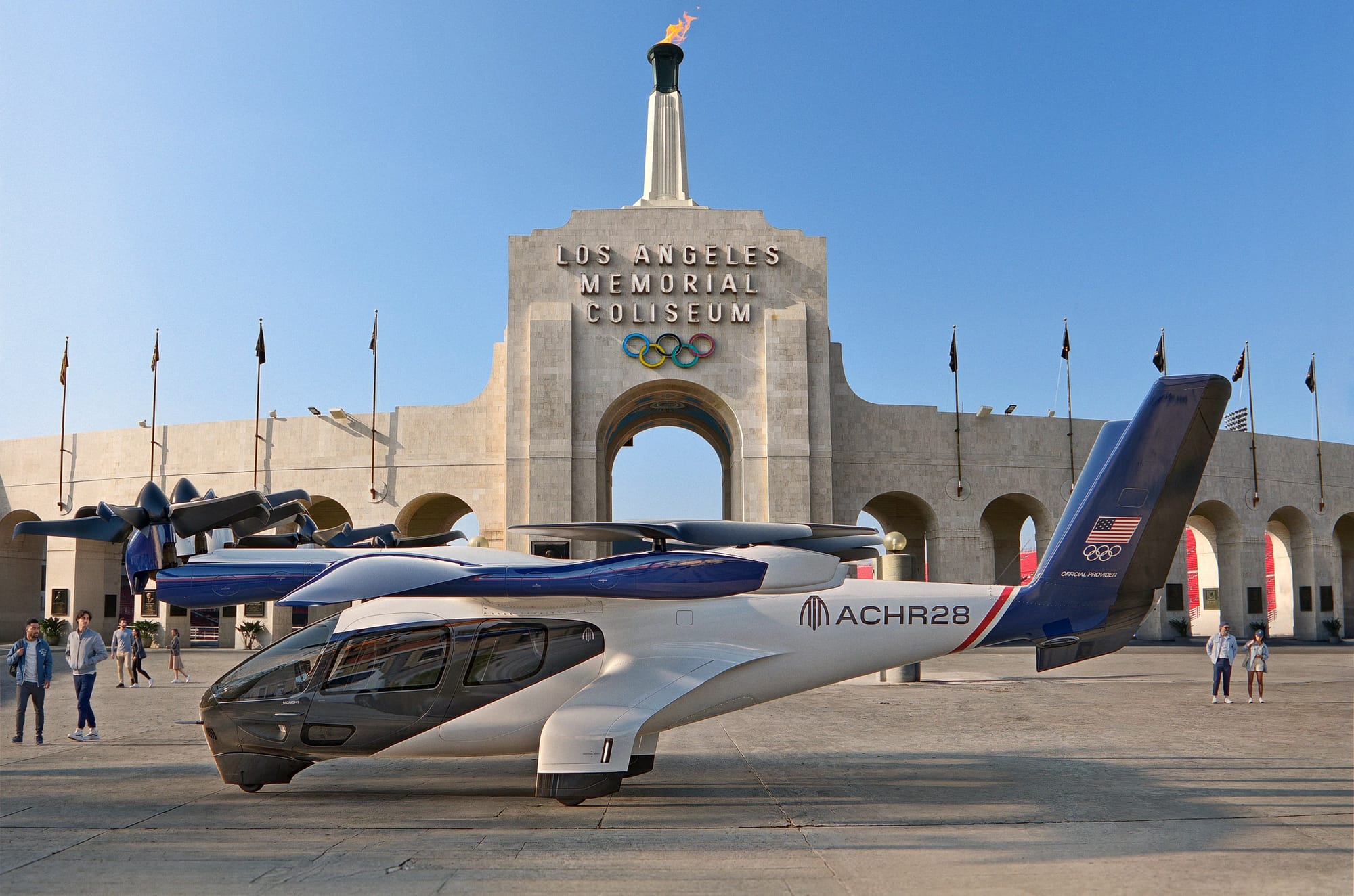 A rendering of the same Olympics branded air taxis parked in front of the Coliseum