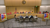 A committee hearing showing 8 state legislators and 5 people giving testimony and posters with the Special Committee logo that includes a photo of the Coliseum